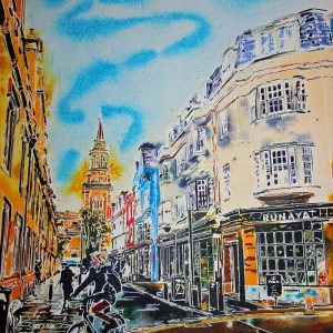 Painting of Turl Street at the Junction with Market Street by Cathy Read. Looking up Turl Street towards All Saints Church