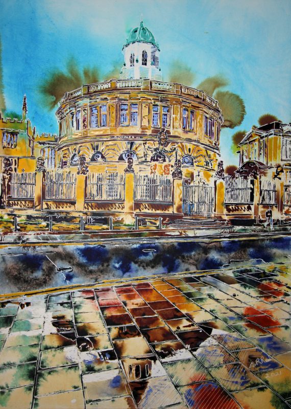 Painting of the Sheldonian Theatre in Oxford by Artist Cathy Read featuring the historic building reflected in puddles