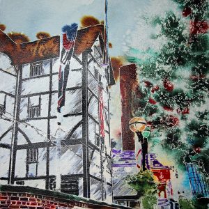 Globe Theatre - original watercolour and acrylic ink panel by Cathy Read