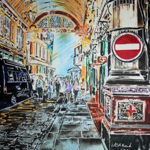 Watercolour and acrylic ink painting of Leadenhall Market by Cathy Read.