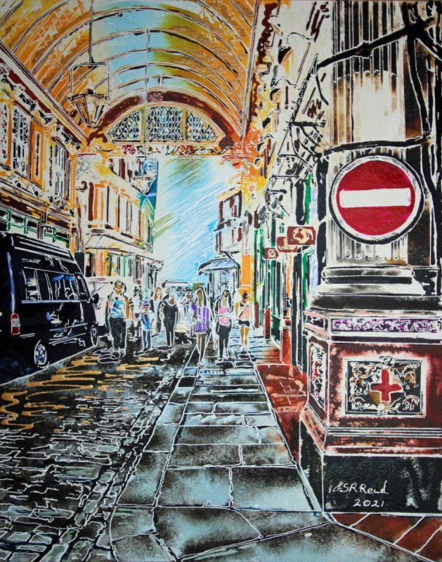 Watercolour and acrylic ink painting of Leadenhall Market by Cathy Read.