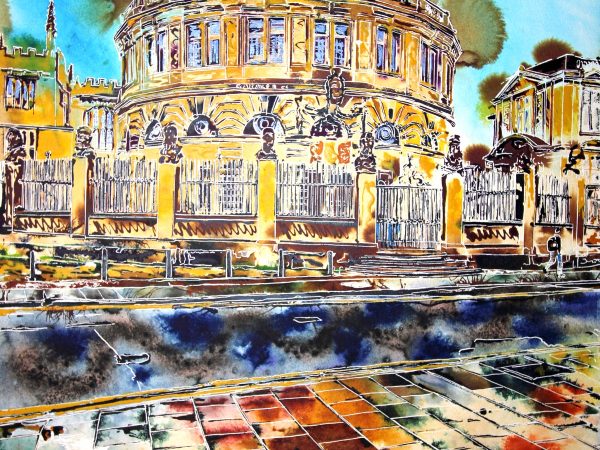 Painting of the Sheldonian Theatre in Oxford by Artist Cathy Read featuring the historic building reflected in puddles