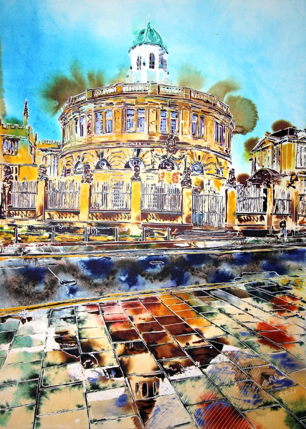Painting of the Sheldonian Theatre in Oxford by Artist Cathy Read featuring the historic building reflected in puddles
