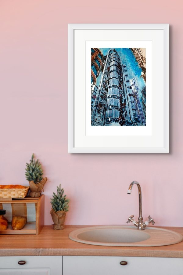 Room setting featuring A3 Print of artist Cathy Read's original painting of Lloyds Building