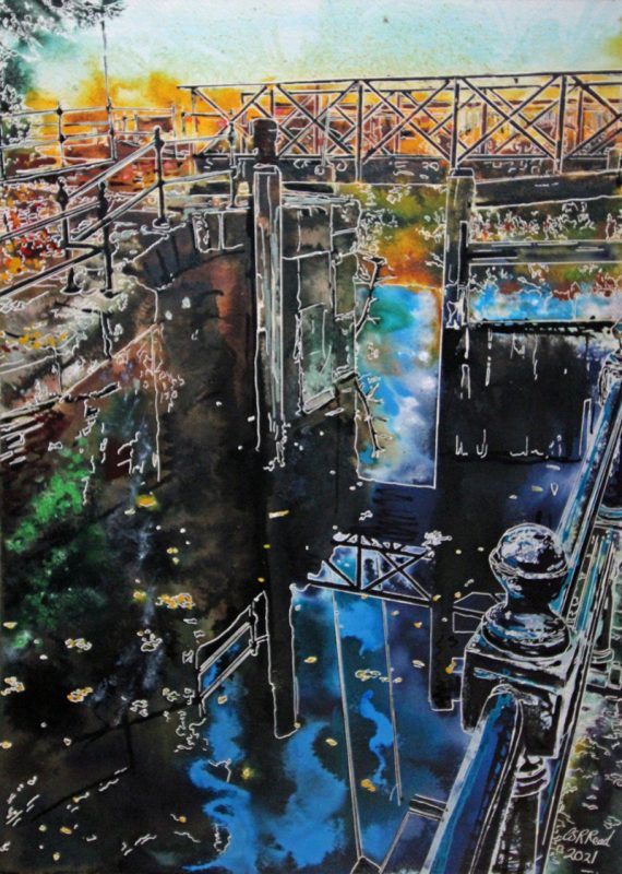 Painting of a lock off the River Irwell in Manchester. painted by Cathy Read selected for SWA Exhibition