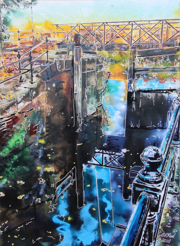 Painting of a lock off the River Irwell in Manchester. painted by Cathy Read