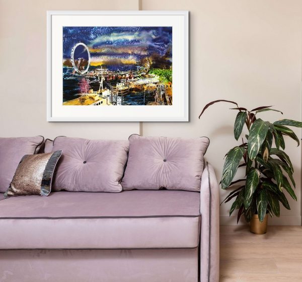 Room setting featuring A3 print of a painting Goodnight Thames created by contemporary artist Cathy Read