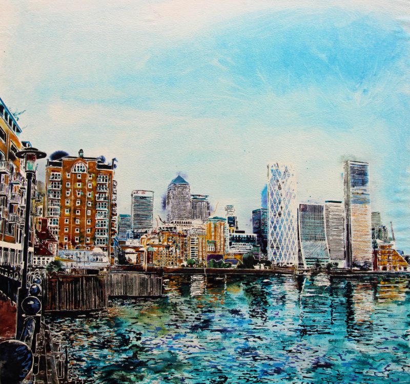 Commission painting of Canary Wharf from Lime House - ©2021- Cathy Read - Watercolour acrylic on papered cradled panel - 91x91 cm