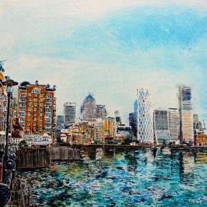 Commissioned painting of Canary Wharf as seen from Limehouse Basin. Painted by Contemporary artist Cathy Read