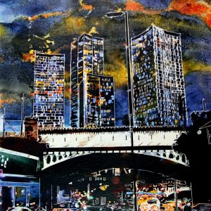 Painting of Deansgate in Manchester by artist Cathy Read featuring new Tower blocks, cars and railway bridge