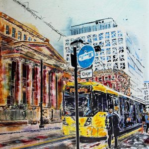 Painting of Yellow tram outside Manchester City Art Gallery created by Artist Cathy Read
