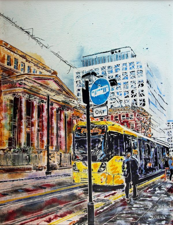 Painting of Yellow tram outside Manchester City Art Gallery created by Artist Cathy Read