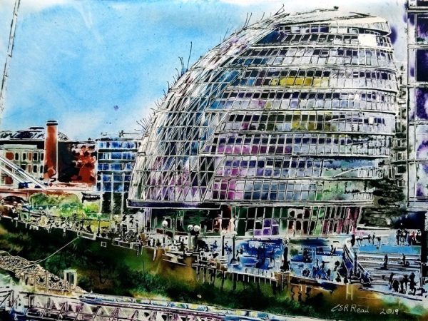 Painting of the South Bank of the Thames in London featuring City Hall - ©2019 Cathy Read 76 x 56 cm