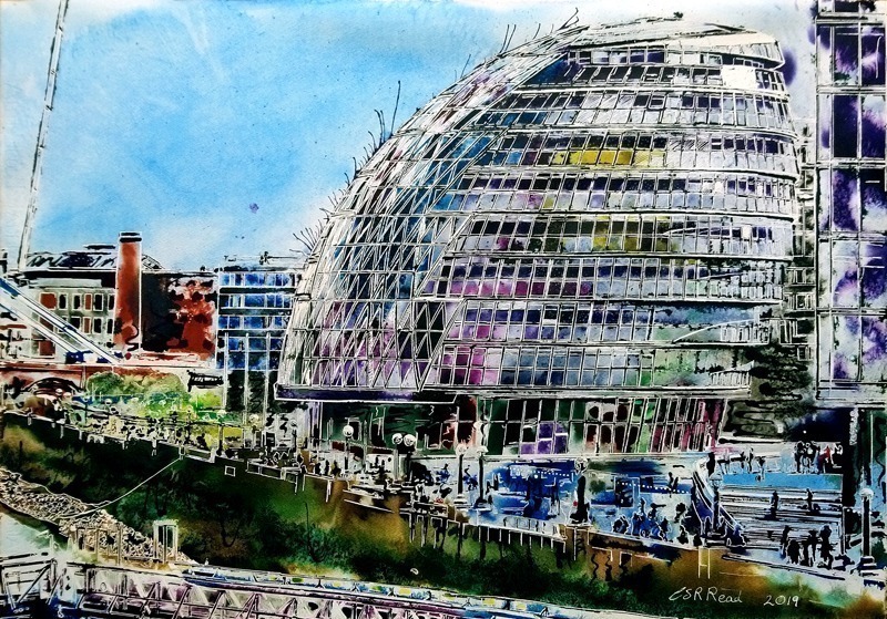 Painting of the South Bank of the Thames in London featuring City Hall - ©2019 Cathy Read 76 x 56 cm