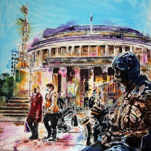 Painting of a man playing a saxaphone with Manhcer's Central Library in the background. Original art by Cathy Read