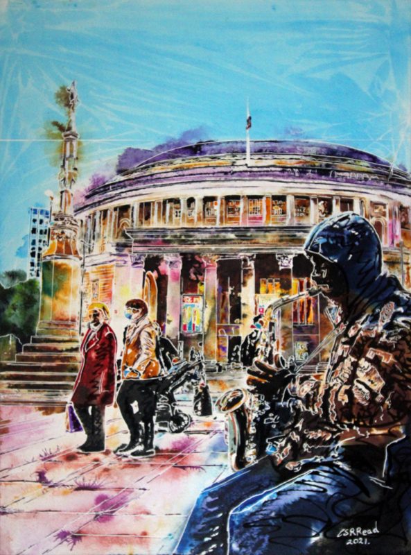 Painting of a man playing a saxaphone with Manhcer's Central Library in the background. Original art by Cathy Read selected for SWA Exhibition