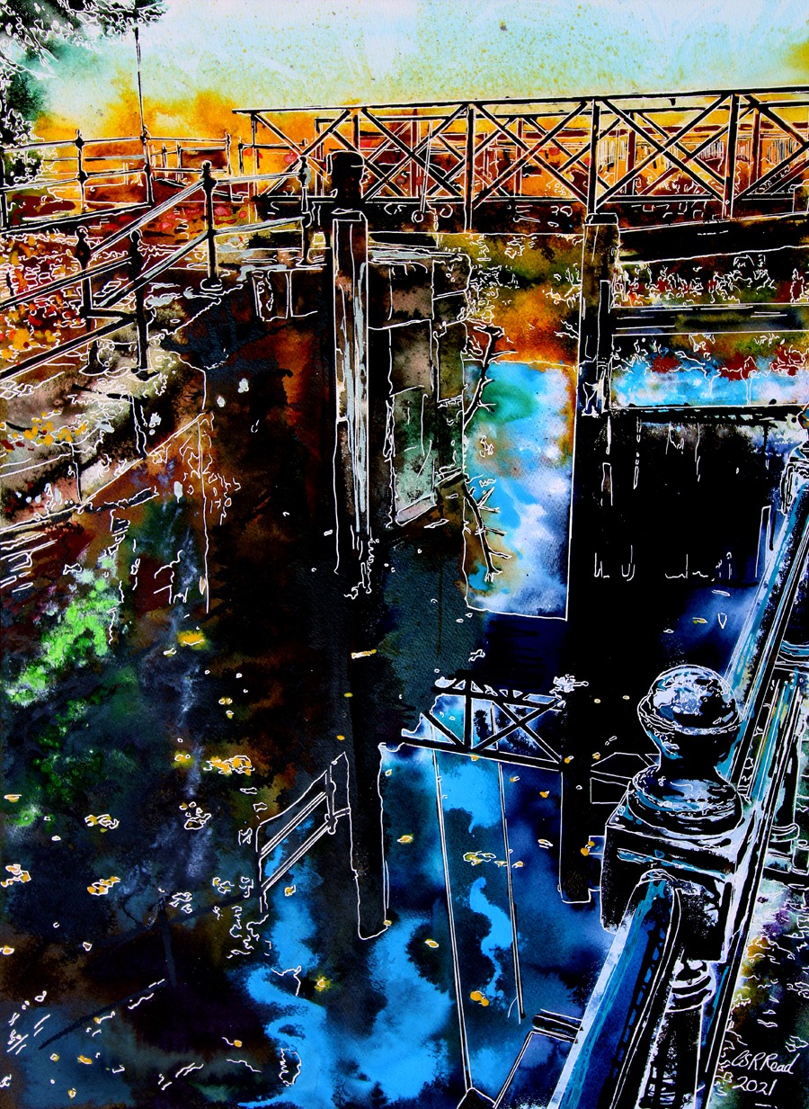 Painting of a lock off the River Irwell in Manchester. painted by Cathy Read selected for SWA Exhibition