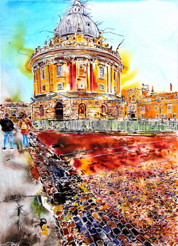 Painting of the Radcliffe Camera in Oxford. Creation by Cathy Read in Watercolour and acrylic iinks
