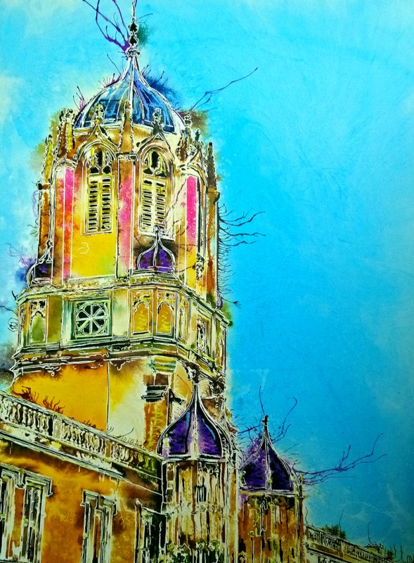 Painting of Christ Church Tom Tower on St Aldates Oxford . Christchurch, St Aldates - ©2022 - Cathy Read - Watercolour and Acrylic ink - 76 x 56 cm