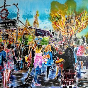 Flaming Piper-original painting of a Man playing bagpipes in London by Westminster Station near the Houses of Parliament and Westminster Abbey. Painting by Cathy Read