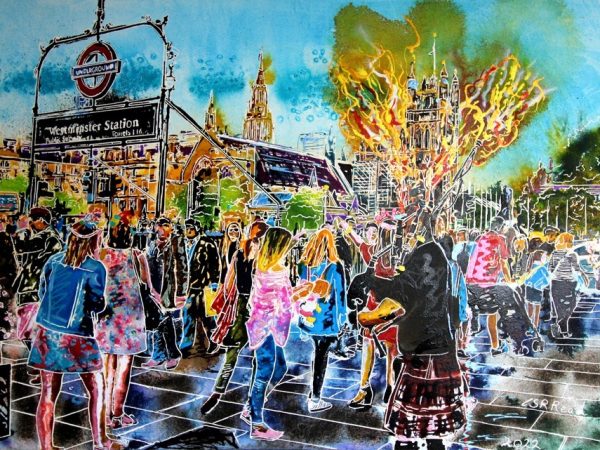 Flaming Piper-original painting of a Man playing bagpipes in London by Westminster Station near the Houses of Parliament and Westminster Abbey. Painting by Cathy Read