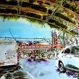 Painting of cars and vans waiting at traffic lights under a railway bridge. Created by artist Cathy Read.