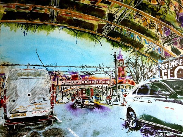 Painting of cars and vans waiting at traffic lights under a railway bridge. Created by artist Cathy Read.