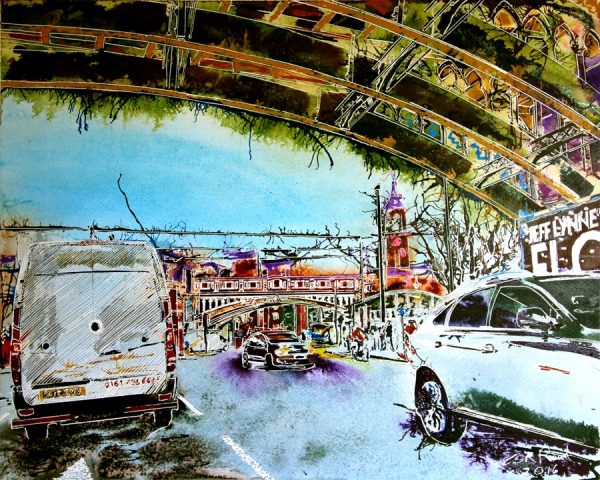 Painting of cars and vans waiting at traffic lights under a railway bridge. Created by artist Cathy Read.