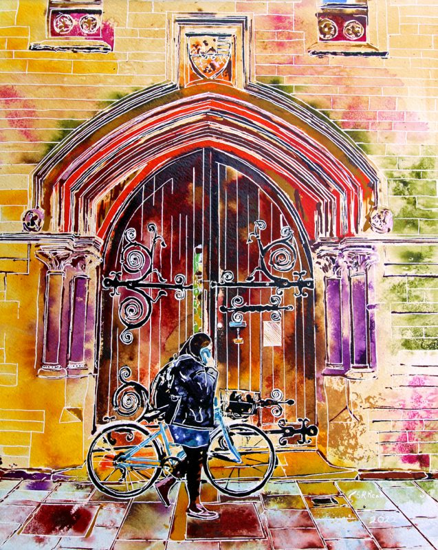 Painting of a girl, on a phone, pushing a bicycle pas Balliol College Door Contemporary Art Talk Video