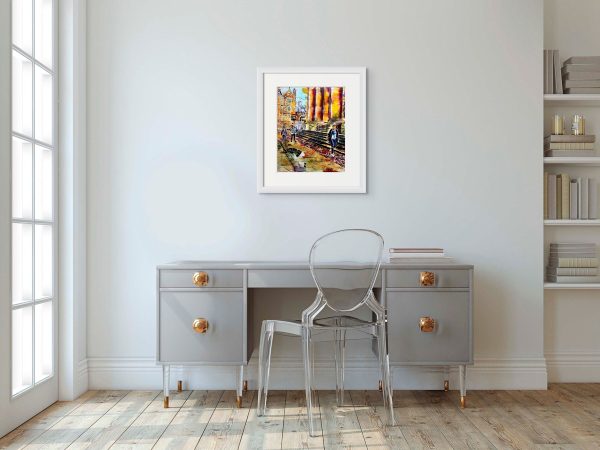 Room Setting featuring Broad Street Puddles, an original painting by Artist Cathy Read