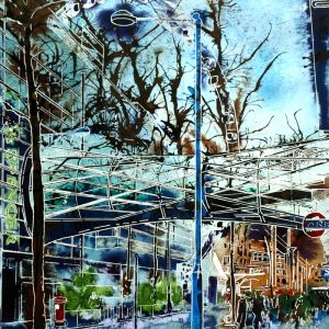 Painting of Corporation Street in Manchester with the Glass bridge between Marks and Spencers and the Arndale. Original painting by artist Cathy Read
