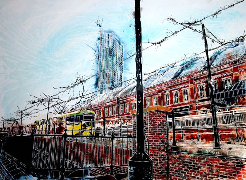 Original painting of a tram passing Manchester Central on its way to Piccadilly Piccadilly Bound - ©2015 - Cathy Read - Watercolour and Acrylic - 55 x 75cm