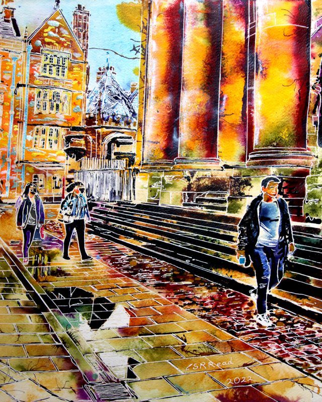 Original painting of Broad Street Puddles by Cathy Read, featuring the Oxford Street