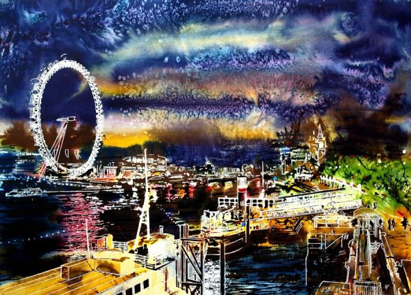 Painting of the Thames at night by Cathy Read, contemporary artist. Goodnight Thames - ©2014 - Cathy Read - Watercolour and Acrylic - 54x74 cm