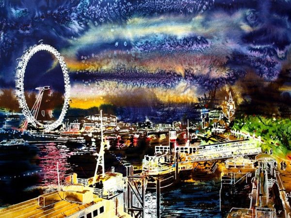 Painting of the Thames at night by Cathy Read, contemporary artist. Goodnight Thames - ©2014 - Cathy Read - Watercolour and Acrylic - 54x74 cm