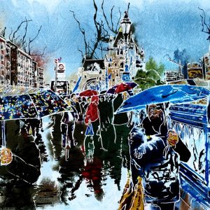 Painting of The people and brollies in the queue to see the poppies at the Tower on a rainy day. ©2015 - Cathy Read - Brollies in the Rain - Watercolour and Acrylic - 30 x45 cm