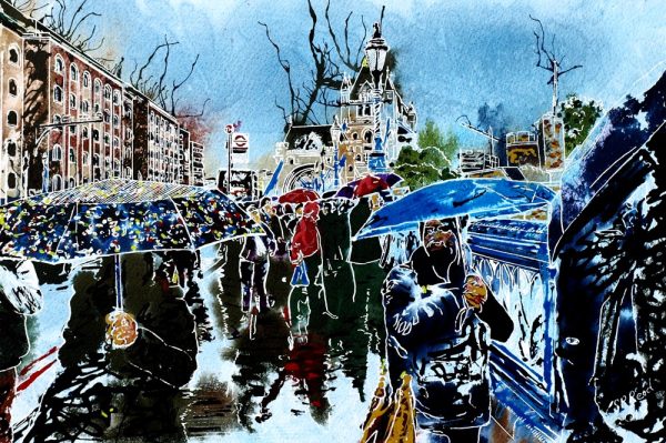 Painting of The people and brollies in the queue to see the poppies at the Tower on a rainy day. ©2015 - Cathy Read - Brollies in the Rain - Watercolour and Acrylic - 30 x45 cm