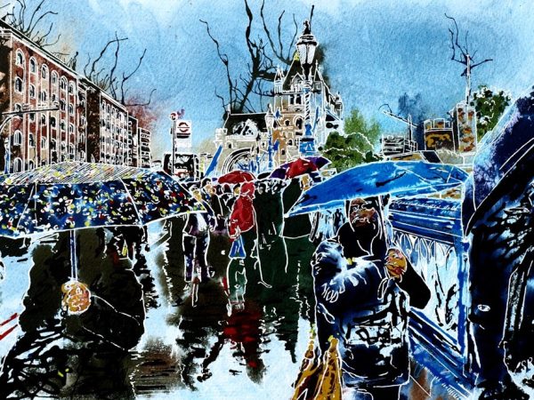 Painting of The people and brollies in the queue to see the poppies at the Tower on a rainy day. ©2015 - Cathy Read - Brollies in the Rain - Watercolour and Acrylic - 30 x45 cm