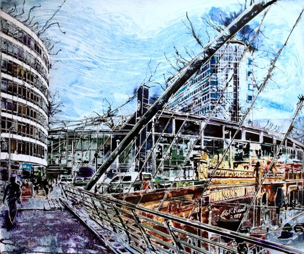 Painting of Piccadilly Station in Manchester. Created by artist Cathy Read
