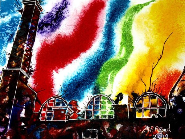 Painting of Battersea Arts Centre being repaired after the fire with rainbow