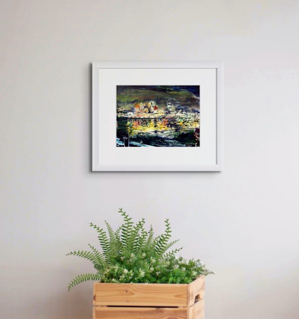 Room setting with River Lights by artist Cathy Read. An original painting of the lights on the River Thames.