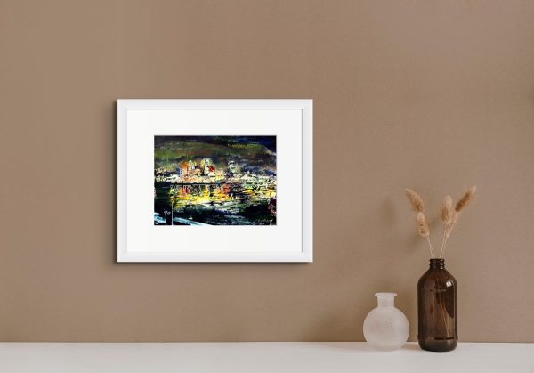 Room setting with River Lights by artist Cathy Read. An original painting of the lights on the River Thames.