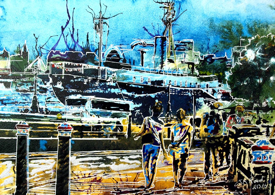 Original painting of people ambling along the Thames Embankment with ships in the background.