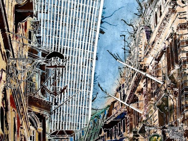 Painting of Lombard Street in London with the historic signs and the Walkie Talkie building looming overhead