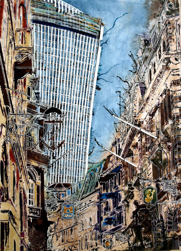 Painting of Lombard Street in London with the historic signs and the Walkie Talkie building looming overhead