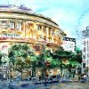 Heading Home Past Central Library Library in Manchester, a painting by artist Cathy Read. Heading Home Past Central Library ©2018 - Cathy Read - 42 x 59 cm - Watercolour and Acrylic ink