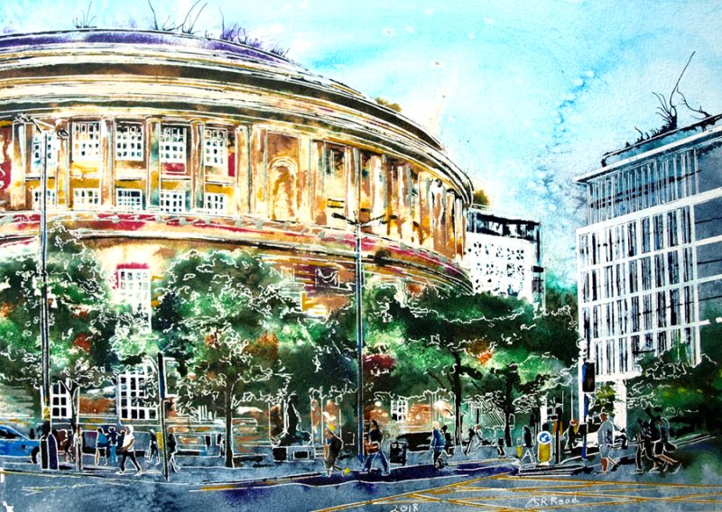 Heading Home Past Central Library Library in Manchester, a painting by artist Cathy Read. Heading Home Past Central Library ©2018 - Cathy Read - 42 x 59 cm - Watercolour and Acrylic ink