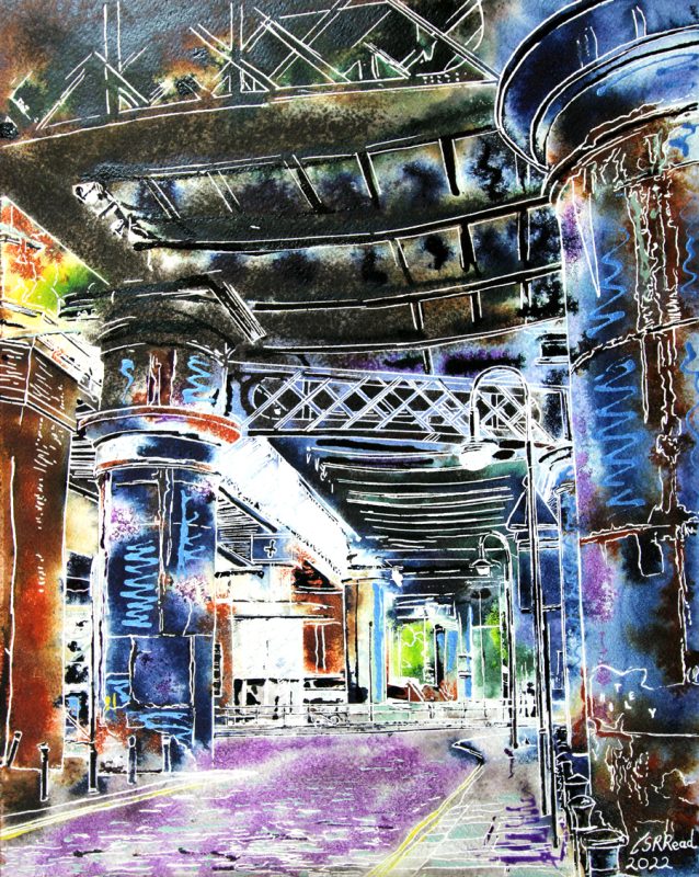 Painting of the railway and Canal Bridges in Castlefield, Manchester by artist Cathy REad