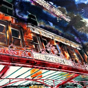 Painting of Victoria Station in Manchester with it's destination names in the stained glass awning. Painted by artist Cathy Read
