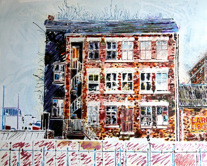 Access all Floors - ©2022 Cathy Read - 40x50cm - Watercolour and acrylic ink. Painting of a Decaying brick building in Manchester